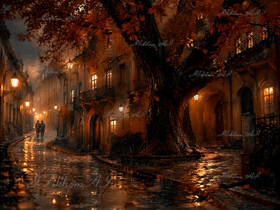 Digital Art Image Cityscape Houses Trees Night People Autumn Wallpaper Desktop