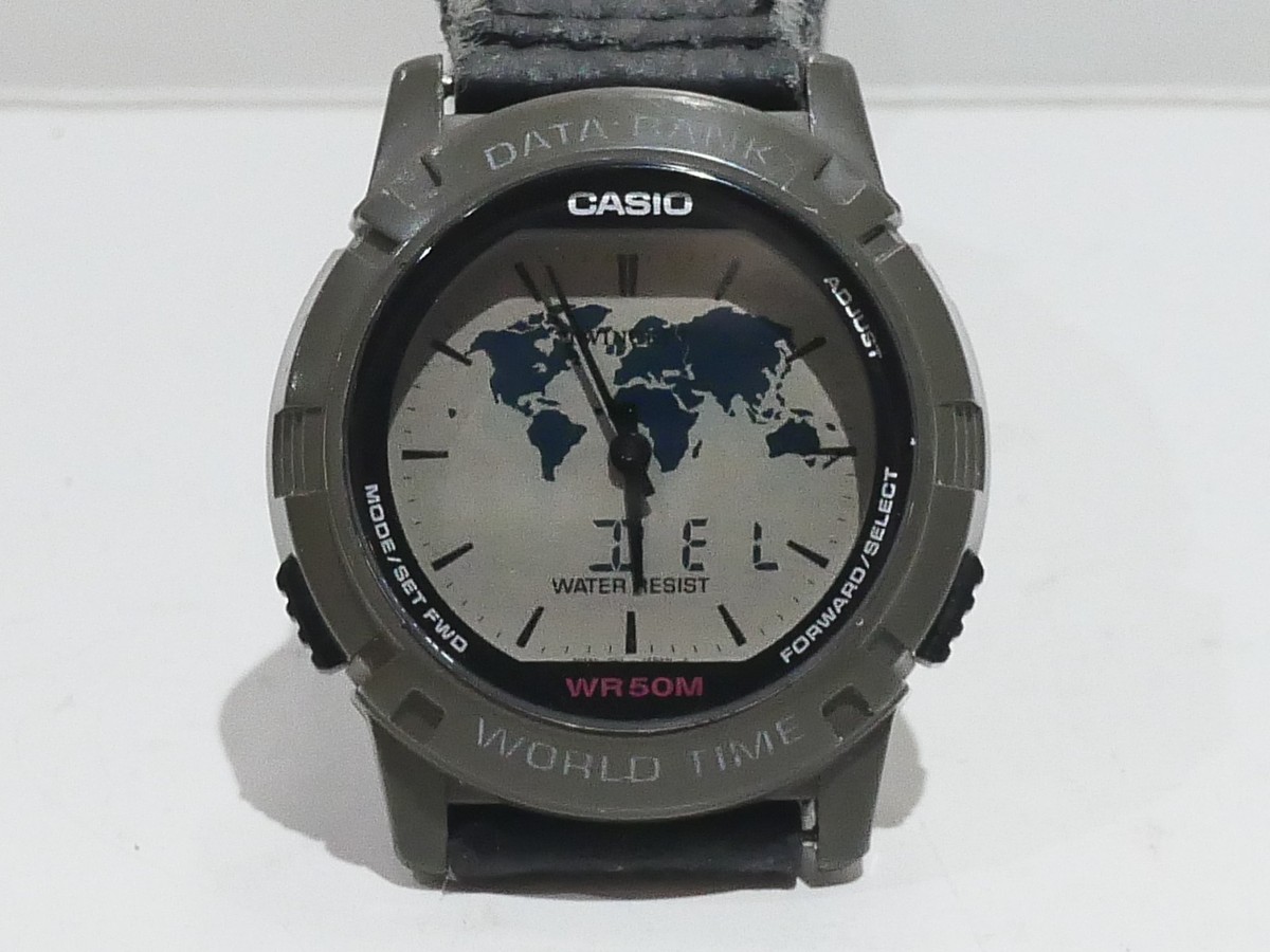 Vintage Casio 1349 ABX-20 Black World Map Analog Digital Watch