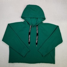 Calvin Klein Performance Women Medium Green Cropped Pullover Hoodie Logo Raw Hem