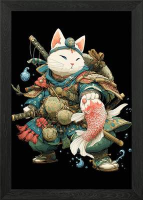 Samurai Katze mit Koi Fisch Gerahmtes Wandbild Poster Leinwanddruck Bild
