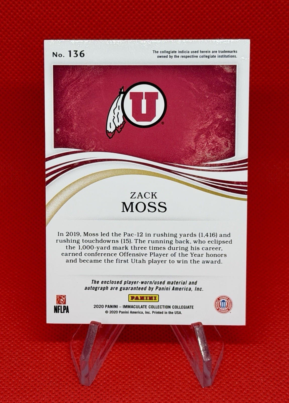 2020 Immaculate Collegiate Zack Moss RC RPA Patch Auto /99 On Card Utah #136 view 2