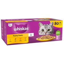 80 x 85g Whiskas 1+ Poultry Feasts Mixed Adult Wet Cat Food Pouches in Jelly 3.93 per kilo