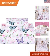 Delightful Butterfly Printed Full Size Kids Bed Sheet Set - Easy Care Microfiber