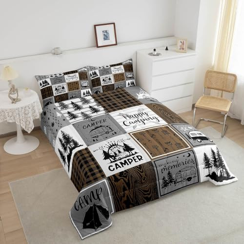 Rustic Camping Bedding Set Rv Camper Comforter Set Farmhouse Twin Brown Grey - Picture 5 of 8