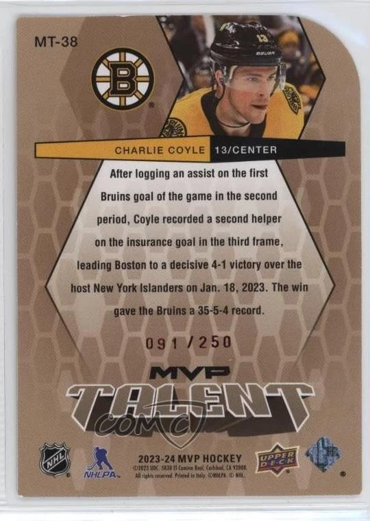 2023-24 Upper Deck MVP Colors and Contours Gold /250 Charlie Coyle #MT-38 - Image 2 of 2