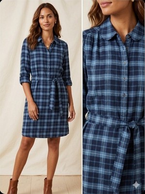  LOFT Blue Plaid Shirt Dress Womens XS Long Sleeve Roll Tab Belted Casual EUC