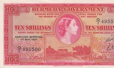 1957 BRITISH COLONY BERMUDA 10 SHILLINGS QEII 10/-  Q/1  ~RARE~ (( GEM UNC ))