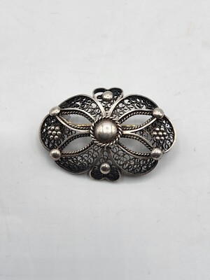 Broche Ancienne Argent Massif 925 – Motif Fleur De Lys Et Filigrane
