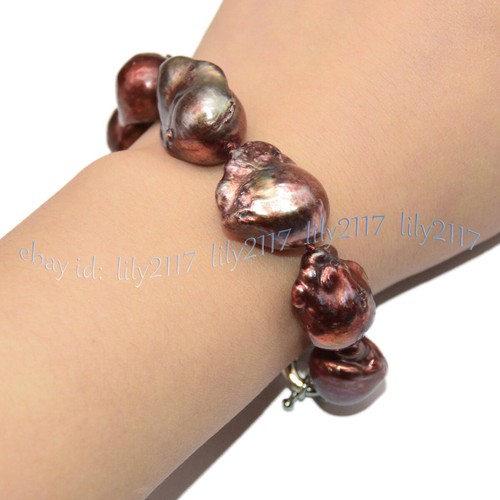 HUGE 15x22mm REAL BROWN RED SOUTH SEA REBORN BAROQUE PEARL BRACELET 7.5 INCHES - Picture 7 of 7