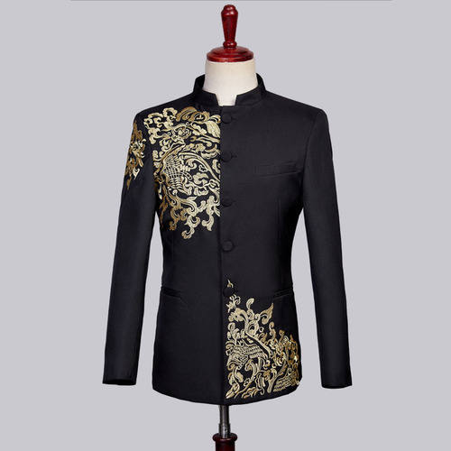 【SALE】チエイマイ　皇室御用達ブランドビジュー釦ニットスーツ New Black White Men's Suit Chinese Style Gold Embroidered