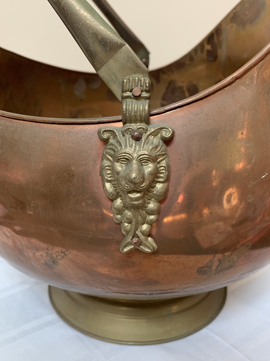 COPPER COAL SCUTTLE BUCKET COAL BUCKET LION HEAD PORCELAIN HANDLES