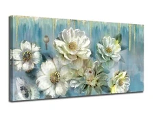 Ardemy Flowers Teal Wall Art Canvas Magnolia White Floral Picture Textured Pa...