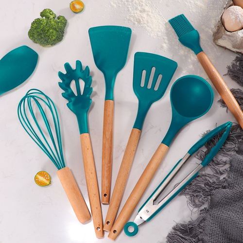 Kitchen Cooking Utensils Set 11 Pieces Silicone Wooden Handle High Heat Resistan - Picture 8 of 8