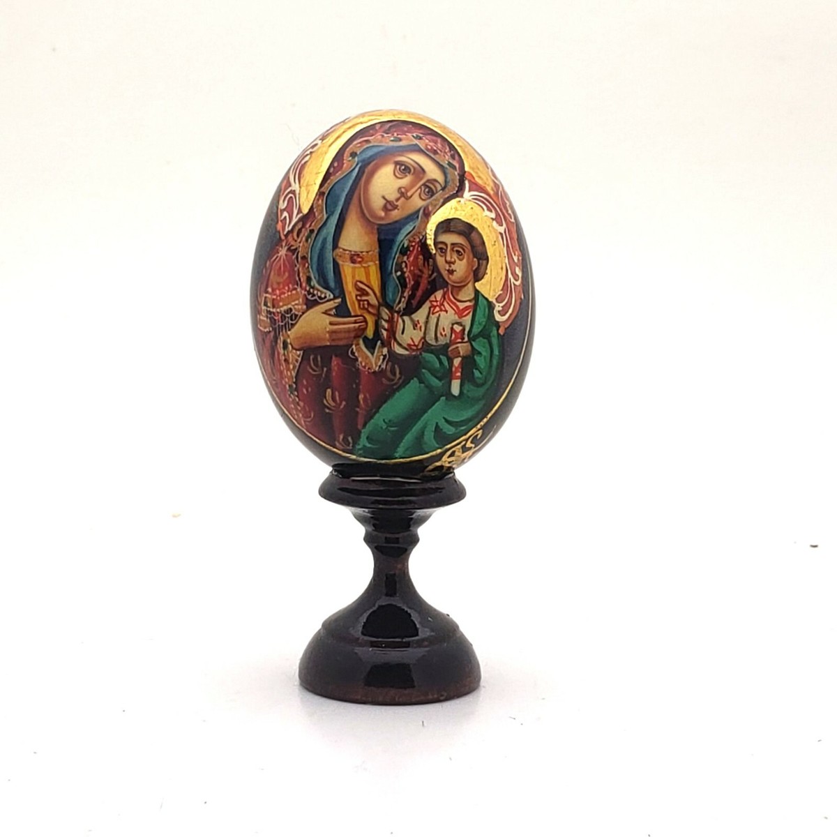 RELIGIOUS Icon Egg on Stand Russian Hand Painted with Gold Leaf Wood One of  Kind