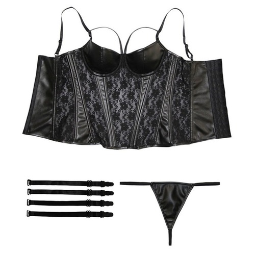 Corsetto Vestito Donna Sexy Pizzo Overbusts Bustier Corsetti Push Up Gotico Pelle PU - Foto 3 di 12
