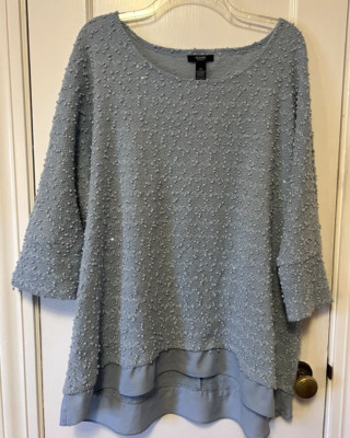 Alfani Women's Light Blue Textured Sparkle 3/4 Sleeve Sweater Top 2X Holidays