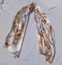 Unbranded Women's 100 Silk Scarf Wrap Cream Brown Boho Floral Large 28" X 62"