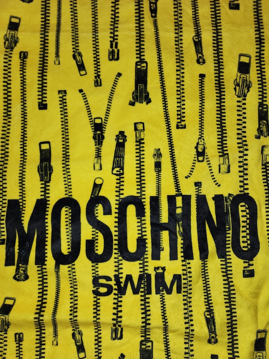 MOSCHINO SWIM BEACH TOWEL cotton Yellow Zippers Logo Black Spa