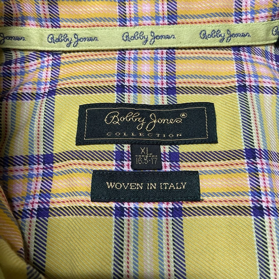Bobby Jones ColIection Shirt Mens XL Plaid Flannel Cotton Yellow Woven Italy VTG - Image 4 of 4