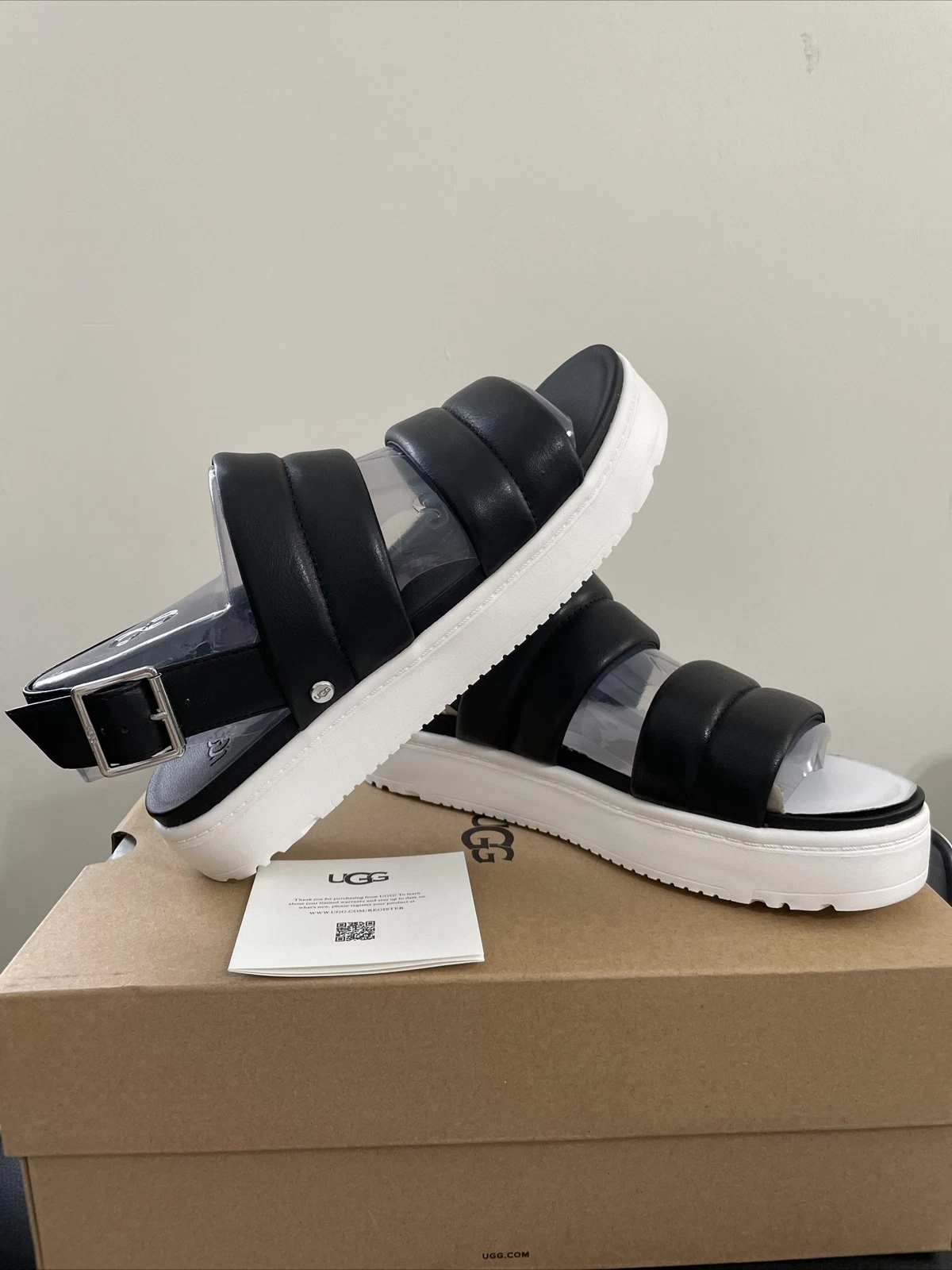 SANDALO SLINGBACK PLATFORM UGG donna ZAYNE pelle misura 7 5 nero bianco NUOVO