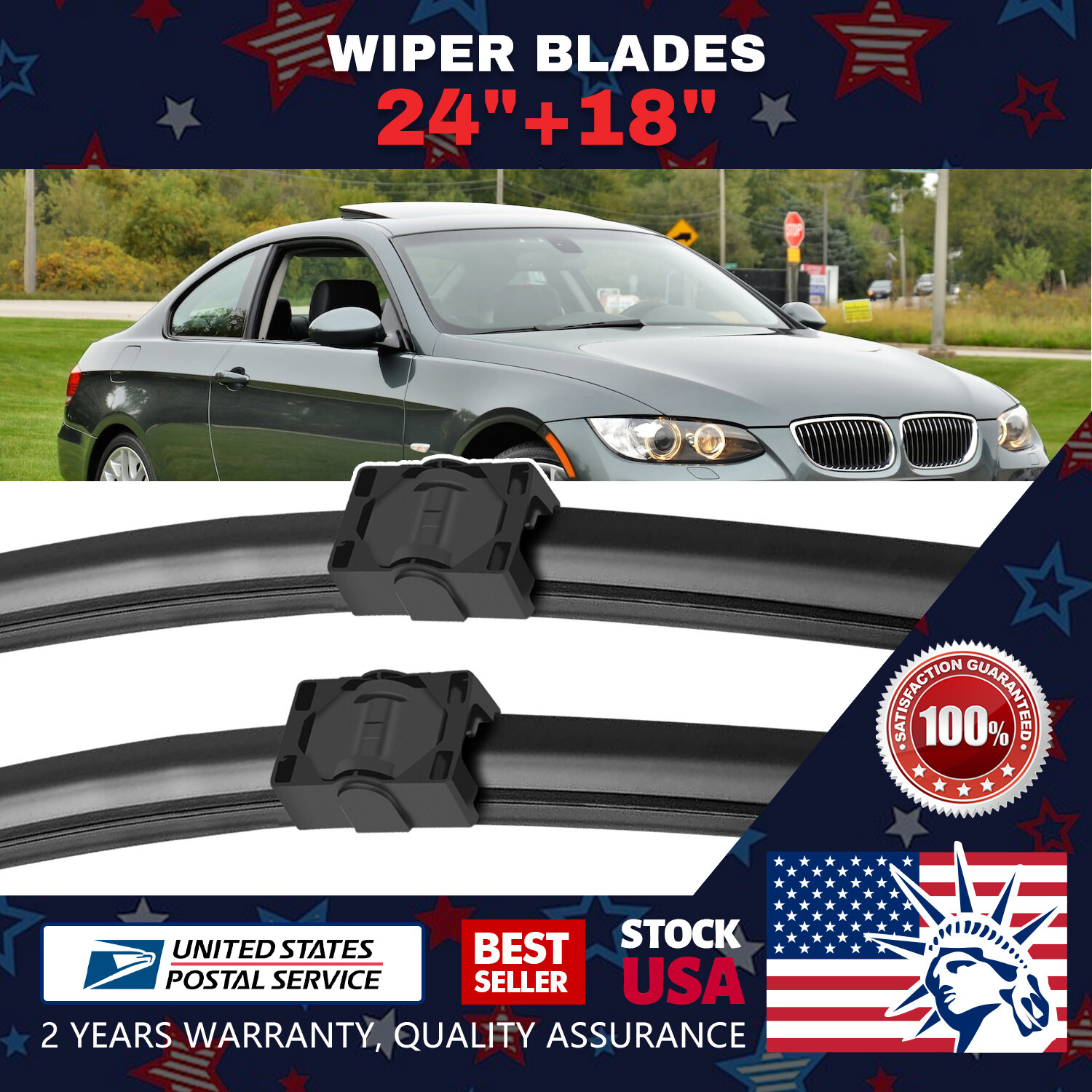 24''+18'' OEM Quality Windshield Wiper Blades Side lock All Season Applicable