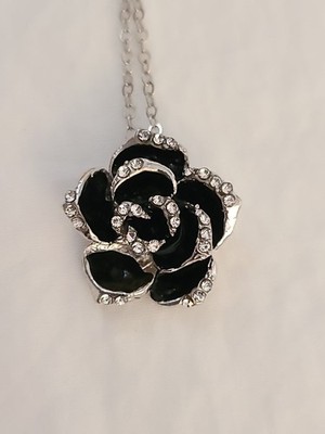 ROSE FLOWER BLACK Rhinestone pendant 22''  Silver  chain female mom