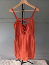 Boohoo Dress UK 10 Orange Lace Mesh Bodysuit Mini Strappy Clubwear Festival