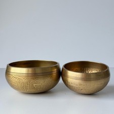 Vintage Tibetan Singing Bowl Set Gold Brass Etched Hammered Zen