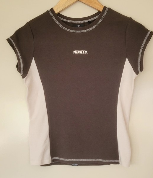 Thrills Brown Fitted T-Shirt Size 10 Contrast Stitch Baby Tee Y2K Style