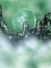 Hand Painted One of a Kind Green Landscape with Moon Rising up by Jason Girard