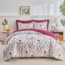 King Comforter Set- 7 Pieces Floral Bed in a Bag, Burgundy Red Flowers N Leaves
