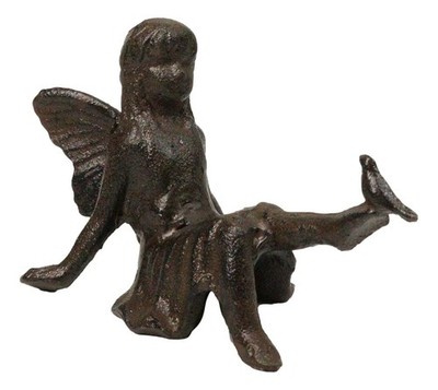 Cast Iron Sitting Whimsical Fairy With Bird On Her Feet Small Sculpture 5.75''L