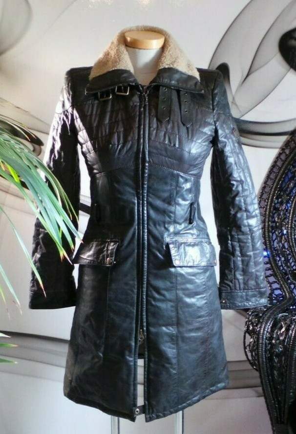 BELSTAFF LEATHER & FABRIC WATERPROOF SHEARLING TRIMMED COAT JACKET SIZE 8 vinte'