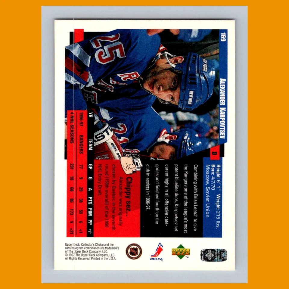 Alexander Karpovtsev #169 1997-98 Collectors Choice New York Rangers Hockey Card - Image 2 of 3