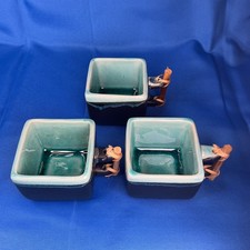 Vintage Vietnamese Bat Trang Set of 3 Glazed Ceramic & Bamboo Square Tea Cups