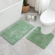 Dark Green Bathroom Mats Sets 2 Piece with Non Slip Toilet Rugs U ShapedWater...