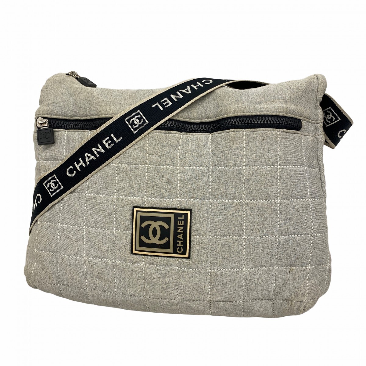 CHANEL 5GD4117 Gray Cotton Shoulder Bag with Silver Hardware for Women Pre-Owned