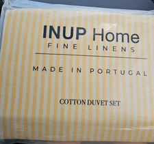 INUP Home Stripe 3PC King Duvet Set 100% Cotton Portugal Yellow & White NWT!