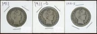 (3) Coins - 90% Silver Barber Half Dollars 1911-P, D + S