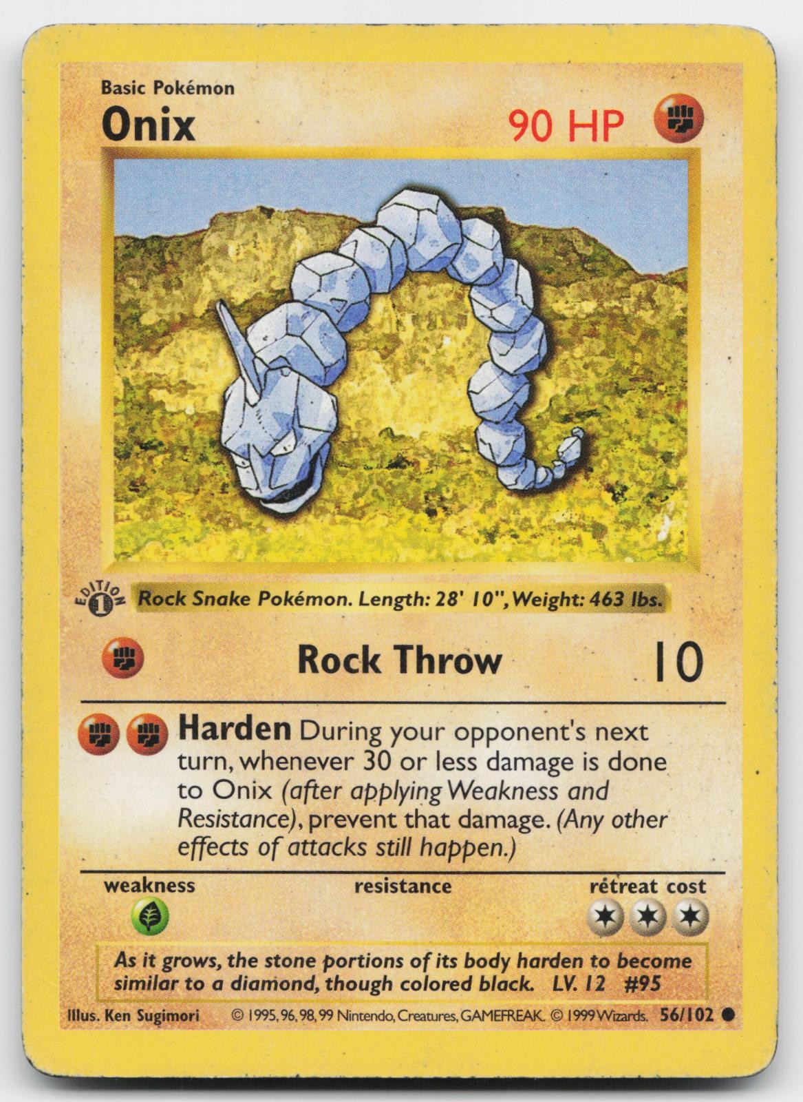 Onix 56/102 Common Base Set Shadowless Pokemon 1st Edition Lightly Played