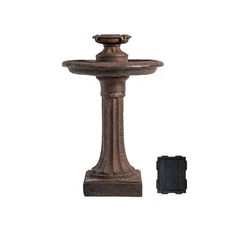 28 In. Solar 1-Tier Water Fountain Outdoor Birdbath Brown Resin W/Solar Panel So