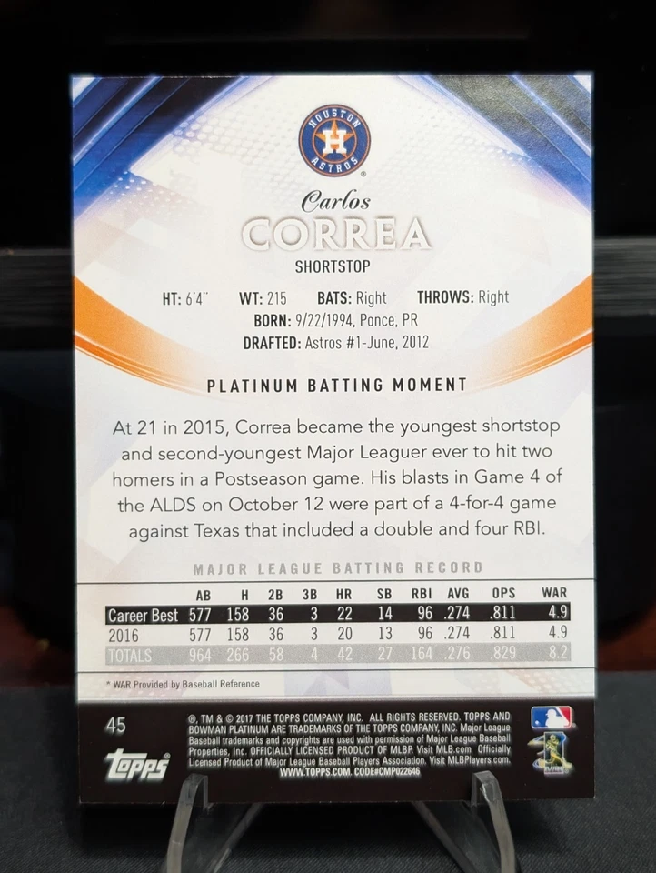 2017 Bowman Big League Platinum Carlos Correa /25 Color Match Astros - Image 2 of 2