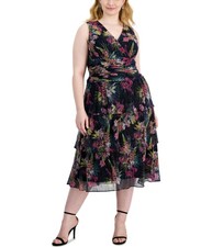 Sl Fashions Womens Floral-Print Crinkled Midi Dress, charcoal, Plus Size, 22W