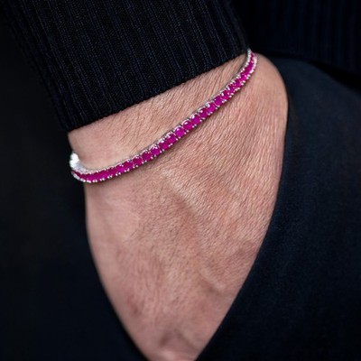 925 Sterling Silver Pink Ruby Gemstone Handmade Men's Tennis Bracelet