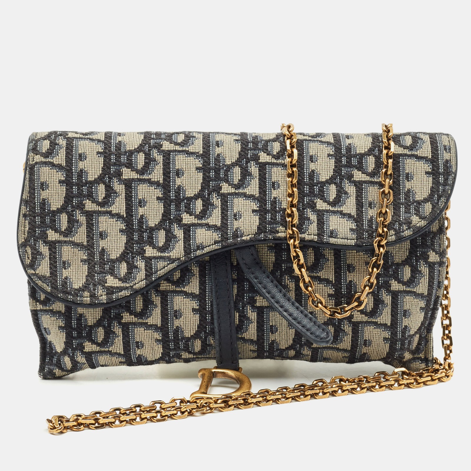 Dior Navy Blue Oblique Leather Saddle Chain Wallet