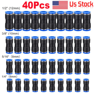 40Pack Pneumatic Straight Connectors Air Line Fitting 1/4 5/16 3/8 1/2 Inch Tube