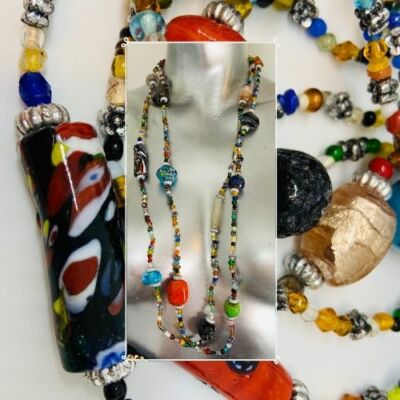 Unikat Handarbeit Kunst Glasperlen Halskette Millefiori bunt Boho Oper lang