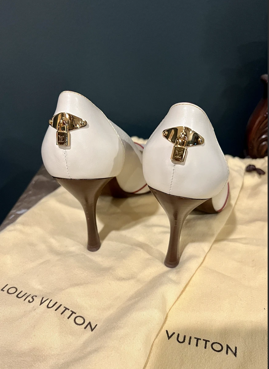 LOUIS VUITTON Ivory Leather Lock Spike Red Stitch Pumps Peep Heels