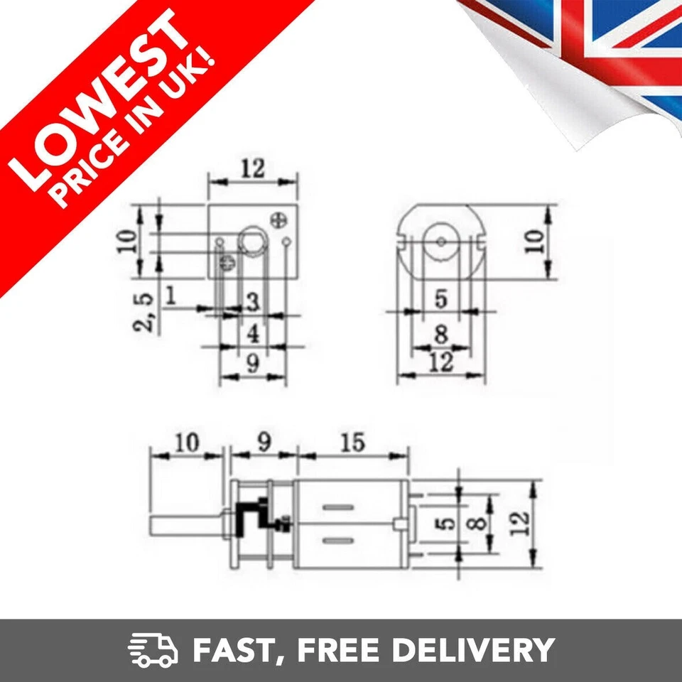 Geared Micro Motor Speed Reduction Gearbox (15-1000RPM) DC 3v 6v 12v RC - Image 2 of 2