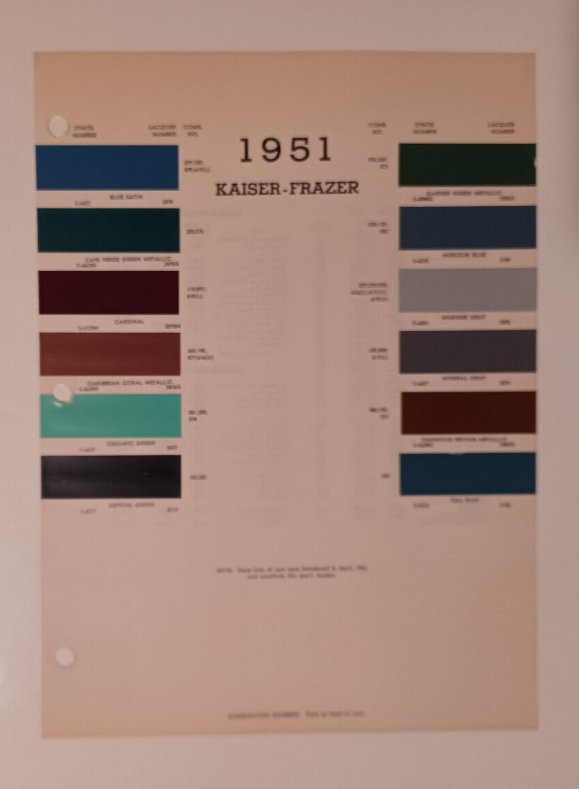 1951 Kaiser-Frazer Paint Chip Chart - Must See !! | eBay